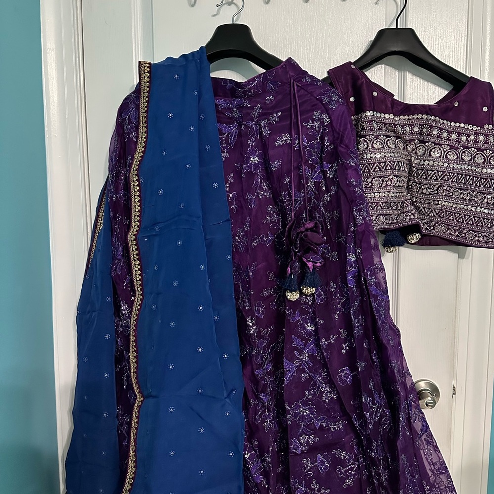 Elegant Purple and Blue Embroidered Lehenga Set